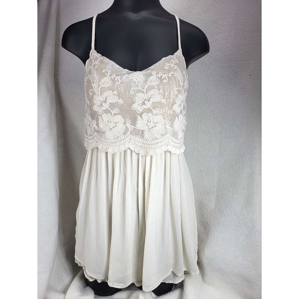 Y2k Hollister Boho Babydoll Dress Small Spaghetti Strap Lace Floral Sequin Fairy